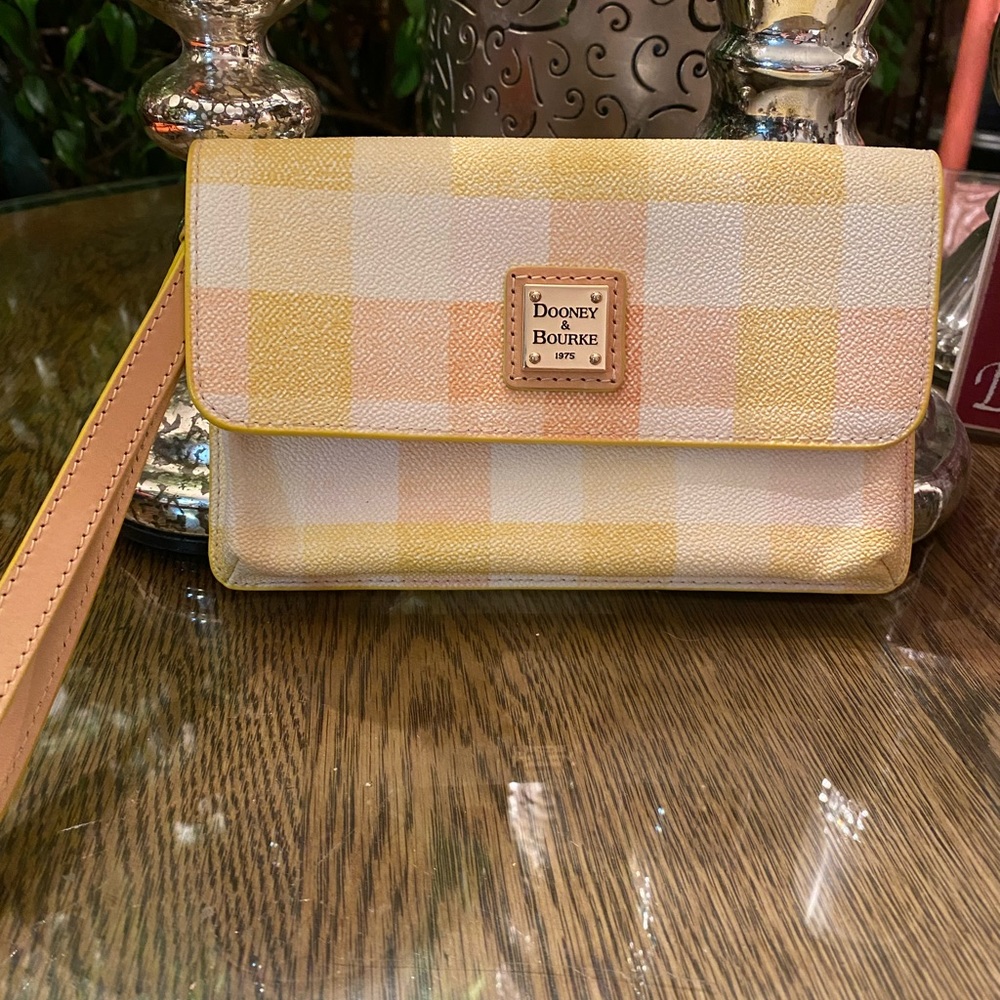 New Dooney and Bourke wristlet, cute yellow, peach, and white plaid.